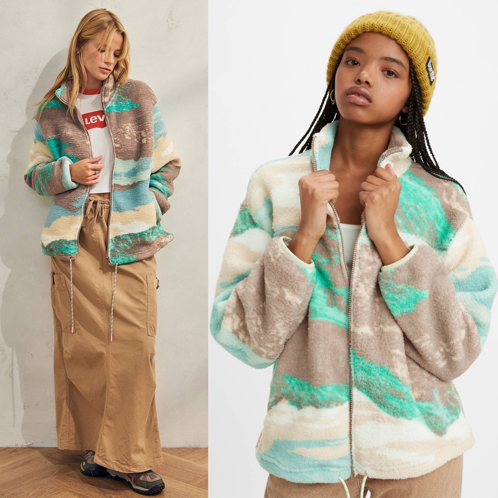 LEVIS 90s Geographic Map Print Sherpa Fleece High Neck Full‎ Zip Teddy Jacket XS